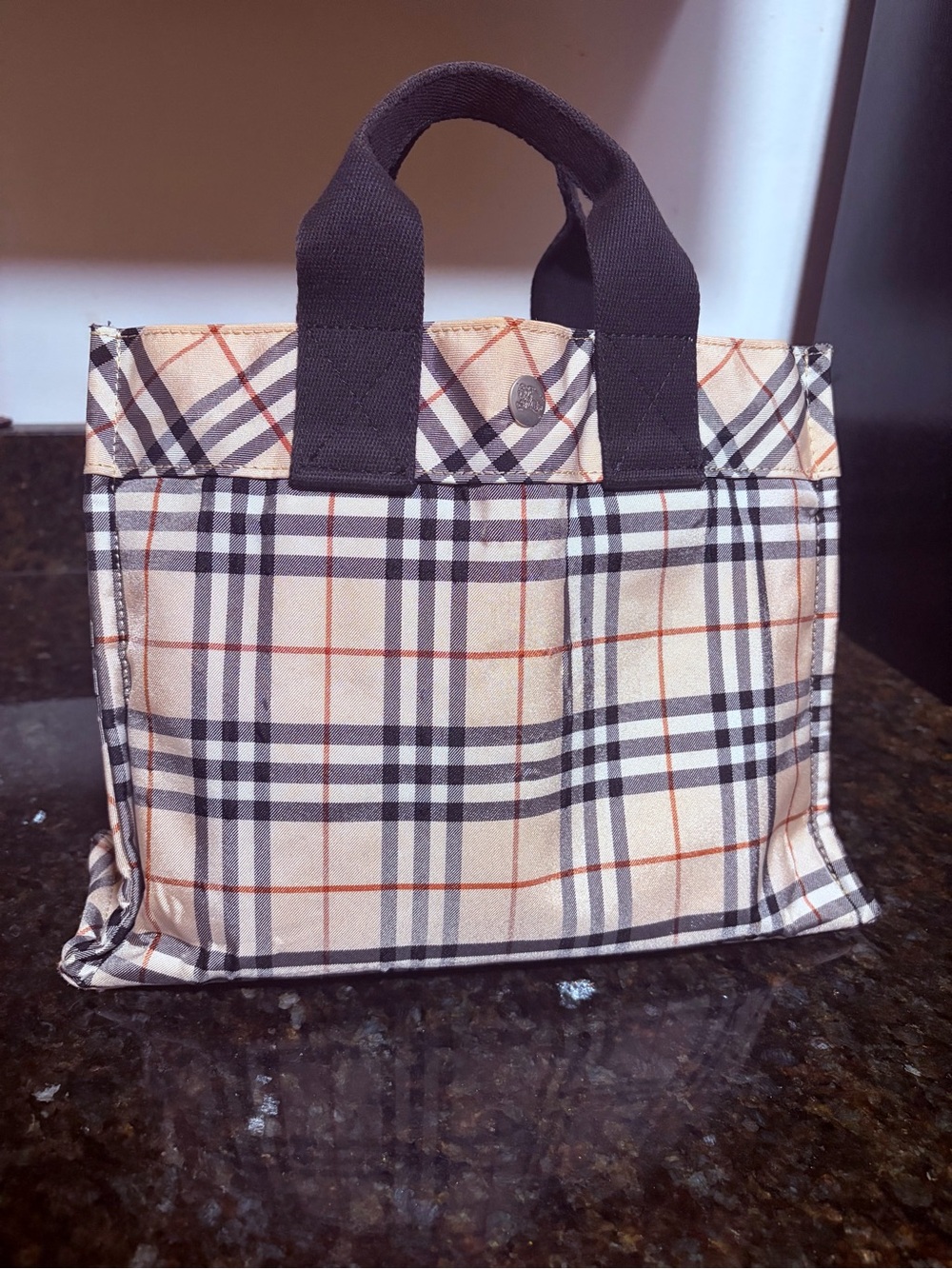 Burberry Beige Plaid Messenger Tote with Black Handles